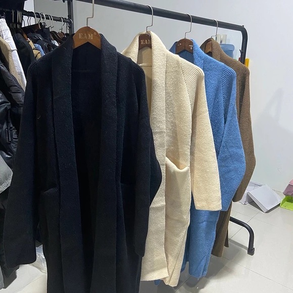 Cardigan sweater chunky knit tie belt thick winter pockets Apricot Beige cream - Picture 4 of 13